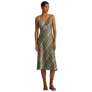 Lauren Ralph Lauren Plaid Satin Charmeuse Timeless Sleeveless Dress Women 4 NWT